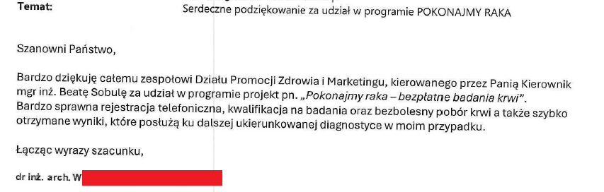 Podziękowanie dla Działu Promocji Zdrowia i Marketingu od pacjenta za sprawną rejestrację i udział w projekcie Pokonajmy raka - bezpłatne badania krwi.